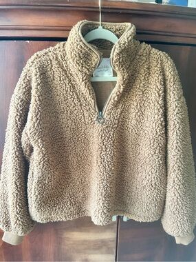 Altar'd State Camel Teddy Sherpa Half-Zip Jacket